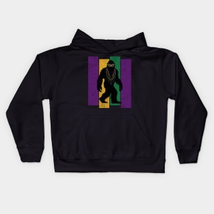 Mardi Gras Bigfoot Sasquatch Funny Cryptid Creature with Fleur-de-Lis, Mask, and Beads Kids Hoodie